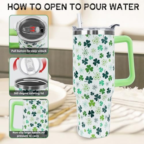 St Patricks Day Tumbler with Handle 40 oz Green Lucky Shamrock Coffee Travel Mug Stainless Steel Insulated Cup Irish Saint Patricks Decor Gifts - Image 4