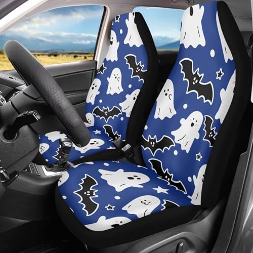 Car Seat Covers 2 Pcs Set, Halloween Ghost Bat Car Accessories for Auto Trucks Van SUV, Kawaii Ghost Cute Cartoon Pattern Auto Interior Protector Cover Set Blue