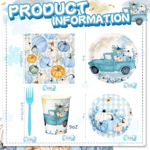 Sliner 180 Pcs Thanksgiving Disposable Dinnerware Set, Blue Car Pumpkin - Image 2