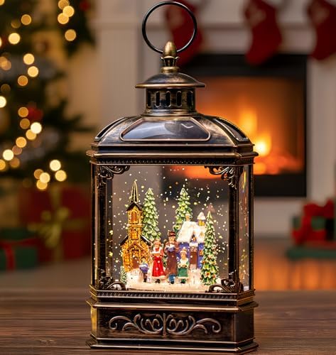 Christmas Snow Globe Lantern Water Glittering Town Home with Carolers, Music & Timer, USB Lined/Battery Operated Lighted Lantern for Christmas Festival Decoration Gifts - Image 2