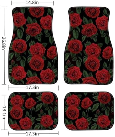 GLENLCWE Red Rose Floor Mats for Cars, Flower Print Car Floor Mats, Anti-Slip Rubber Car Mat Set Unverisal Fit Most Cars, Trucks, SUV, Van