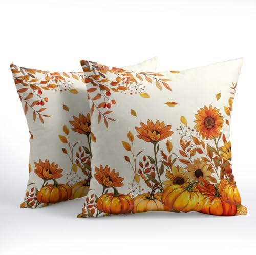 Fall Pumpkin Pillow Covers 22x22 Set of 2 Orange White Leaves Sunflower Outdoor Throw Pillows Covers Autumn Thanksgiving Harvest Decorative Farmhouse Cushion Case for Living Room Couch Sofa - Image 2