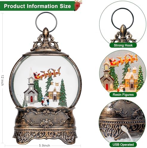 Christmas Snow Globes Lantern Snow Globe with Music Water Lantern Santa Flying Scene Elk Lighted Swirling Water Glitters Snowglobe Christmas Decoration - Image 5