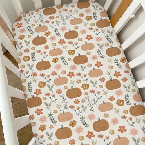 Pastel Autumn Pumpkin Flowers Baby Crib Sheets for Boy Girl Boho Pumpkin Fall Floral Retro Soft Snug Fitted Crib Mattress Covers for 52''x28'' Standard Crib & Toddler Mattress Thanksgiving Bed Sheet by Unknown