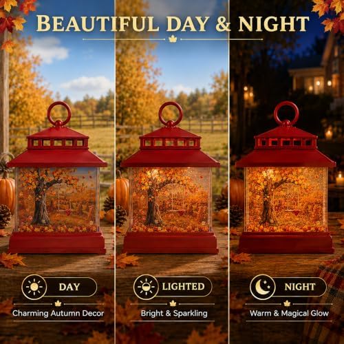 Fall Snow Globe Lantern, Musical Glitter, 6 Hour Timer, Autumn Home Decor - Image 2