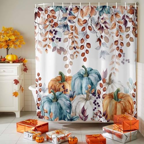 LooPoP Fall Shower Curtain Autumn Maple Leaves Bathroom Curtains with Hooks, Waterproof Polyester Fabric Thanksgiving Harvest Pumpkin Shower Curtains Set for Bathroom Bathtubs Decor 60x72 Inch - Image 4