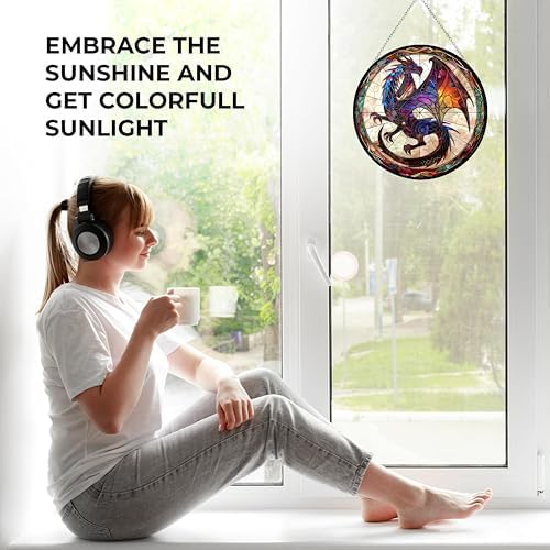 Dragon Stained Glass Suncatcher 4 Season Theme Colorful Leaves Window Wall Hanging Ornament Hand-Painted Glass Panel Decor Gift for Women Christmas Thanksgiving Gift 6.3" - Image 4