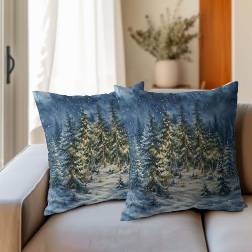 Winter Forest Blue Throw Pillow Covers 22x22 Set of 2 Snowy Night Pine Tree - Image 4