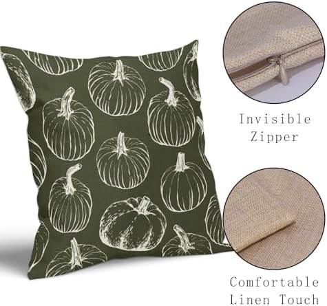 Olive Green Fall Pumpkin Pillow Covers 18x18 Set of 2 Autumn Themed Thanksgiving Cream Print Decorative Throw Pillows Outdoor PillowCase Farmhouse Linen Cushion Case Decor for Home Sofa Couch Bed - Image 4