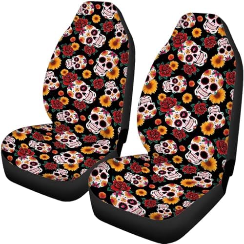 Gothic Skull Roses Car Seat Covers 4Pcs Front & Rear Breathable Seat Covers Universal Fits for Truck, Sedan, SUV Auto Interior Protector Car Accessories Halloween Decor