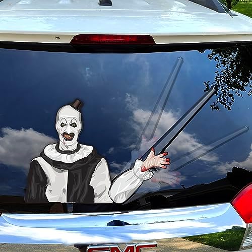Terrifying Killer Clown Waving Arm WiperTags with Laminated Window Decal attaches to Rear Vehicle Wiper Accessory. All Weather Resistant and UV Protected. Quality Made in USA.