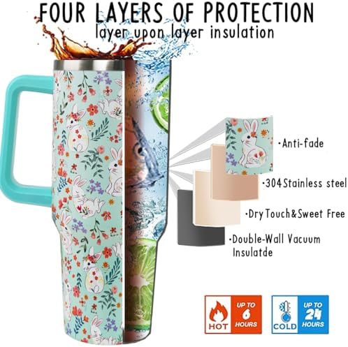 Easter Tumbler 40oz Bunny Floral Coffee Mugs Cute Spring Peeps Leak Proof Cups with Handle and Straw Stainless Steel Vacuum Insulated Water Bottle Easter Gifts for Rabbit Lover (1PCS) - Image 5