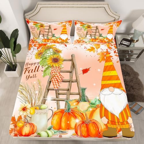 Fall Gnomes Bed Sheets Twin Fall Thanksgiving Pumpkin Bedding Set For Girls Teen Women Rustic Farm Autumn Harvest Sheet Set Sunflower Maple Leaf Fitted Sheet Red Orange Flat Sheet + 1 Pillow Case - Image 3