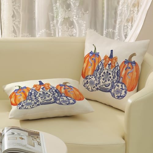Fall Pillow Covers 20x20 Set of 2 Chinoiserie Blue and Orange Pumpkin Throw Pillows Grandmillennial Autumn Thanksgiving Decoration Pillowcase Outdoor Fall Decor Cushion Case for Couch Home - Image 5