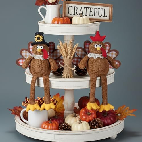 Thanksgiving Decorations Set of 2 Turkeys with Dangling Legs, Turkey Couple Doll Plush Kit Tabletop Centerpieces for Fall Harvest Home Decor Kitchen Shelf - Image 5