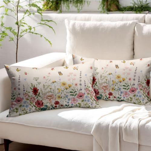 Spring Floral Pillow Covers 12x20 Set of 2 Green Garden Plant Butterfly Throw Pillows Covers Springtime Watercolor Decorative Farmhouse Cushion Case for Room Couch Sofa - Image 3