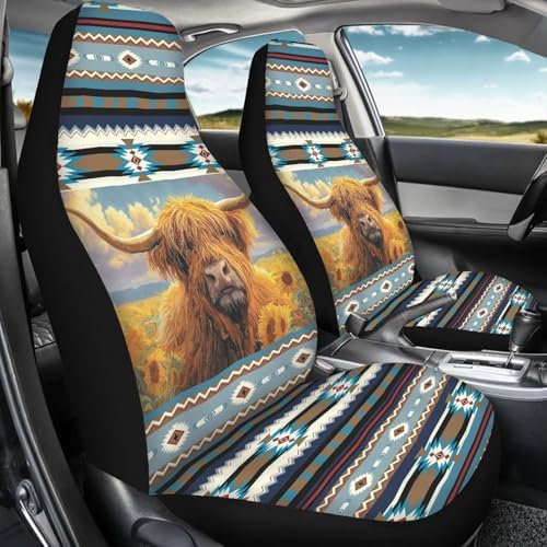 Aztec Car Accessories Seat Covers for Women Men, Highland Cow Front Car Seat Cover Universal Fits for Most Cars, SUV, Truck, Washable Bucket Seat Covers