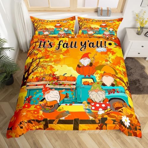 Autumn Pumpkin Kids Duvet Cover Set King Size,Cute Gnomes Truck Harvest Bedding Set,Girls Boys Adults Room/Cabin Decor,Fall Maple Leaves Comforter Cover,Colorful Bright Quilt Cover,2 Pillowcases - Image 4