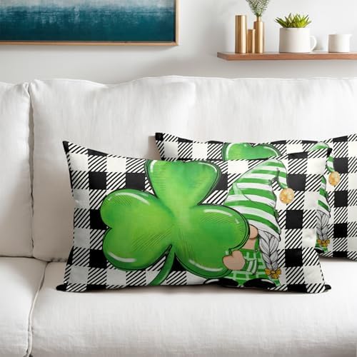 St Patricks Day Pillow Covers 12x20 Set of 2 Shamrock Clover Throw Pillow Covers Spring Pillowcase Linen Decoration Farmhouse Decorative Buffalo Plaid Gnome Cushion Case Couch for Indoor Home Decor - Image 2
