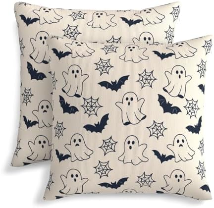 KiuLoam Cute Halloween Pillow Covers 18x18 Set of 2, Black Ghost Bats Spider Webs Print Decorative Throw Pillow Cases, Rustic Farmhouse Style Outdoor Cushion Covers for Sofa Couch Living Room Bed by KiuLoam