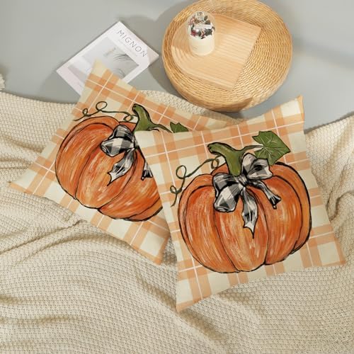 Fall Pillow Covers 16x16 Set of 2 Orange Pumpkin Leaf Buffalo Plaid Fall Decor Pillowcase Autumn Thanksgiving Decorative Outdoor Throw Pillow Covers Linen Farmhouse Cushion Case for Sofa Home - Image 5
