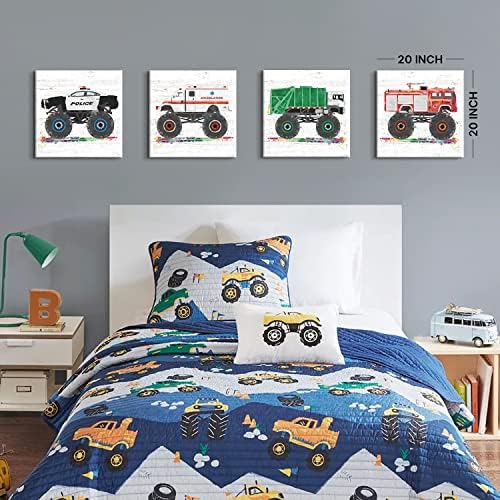 Monster Truck Room Decor Vehicles Pictures Wall Art Cartoon Car Canvas Prints for Boys Room Kids Bedroom Nursery Garbage Firetruck Ambulance Police Car Painting Artwork Home Decorations 20x20” 4 Pcs - Image 3