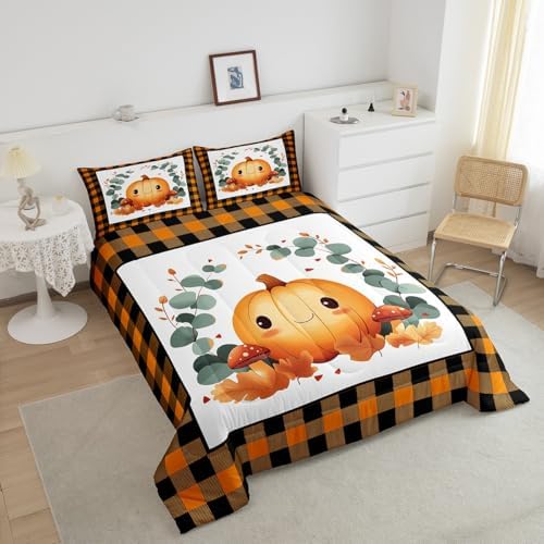 Erosebridal Fall Bedding Full,Thanksgiving Pumpkin Comforter Set Green Eucalyptus Leaves Bed Sets Thanksgiving Autumn Leaf Duvet Insert 3 Pieces - Image 4