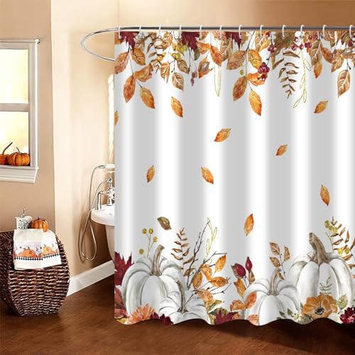 Fall Pumpkin Shower Curtain, Watercolor Autumn Pumpkins with Gold Branches Falling Leaves Harvest Thanksgiving Day Bathroom Curtain Waterproof Fabric Machine Washable with Hooks, 48" Wx72 L - Image 3