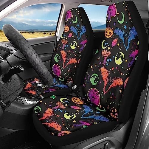 2 Pcs Halloween Bat Car Seat Covers Colorful Stars Moon Mushroom Auto Seat Cover for Front,Non Slip Dust Proof Vehicle Bucket Seat Cushion Protection Accessory Halloween Decor