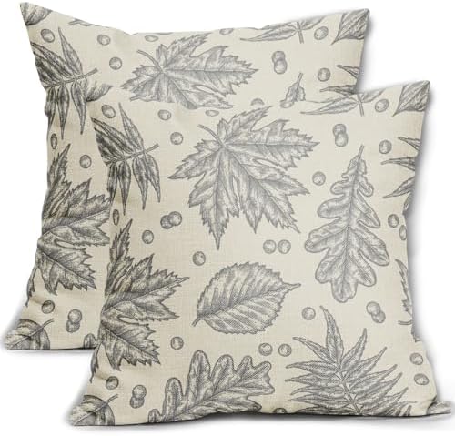 Grey Gray Fall Pillow Covers 16x16 Set of 2 Cream Maple Leaf Print Autumn Colored Harvest Decorative Outdoor Pillowcases Farmhouse Seasonal Throw Cushion Case Decor for Home Couch Sofa Bed by Aytipun