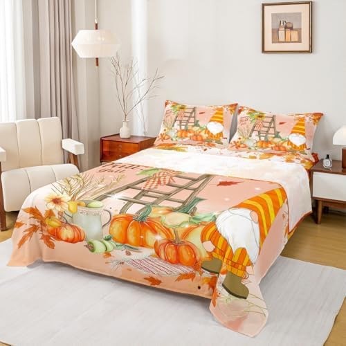 Fall Gnomes Bed Sheets Twin Fall Thanksgiving Pumpkin Bedding Set For Girls Teen Women Rustic Farm Autumn Harvest Sheet Set Sunflower Maple Leaf Fitted Sheet Red Orange Flat Sheet + 1 Pillow Case by Erosebridal
