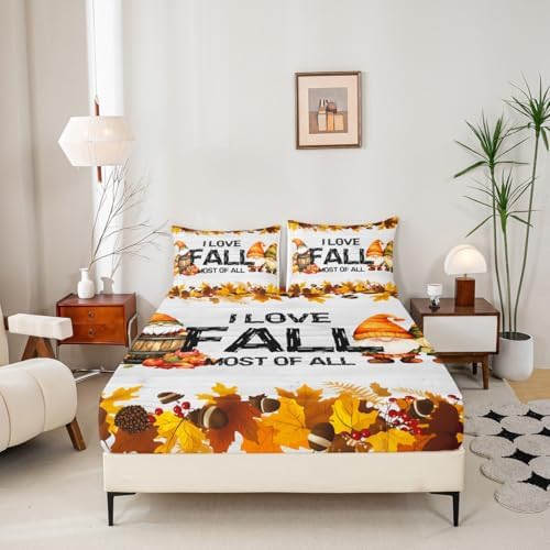 Gnomes Pumpkin Bed Sheets Rustic Farmhouse Fall Bed Sheet Set Twin Size Thanksgiving Harvest Season Sheet Set Maple Leaf Pinecone Decor Fitted Sheet Soft Lightweight Flat Sheet Bedroom Decor 3 Pcs - Image 4