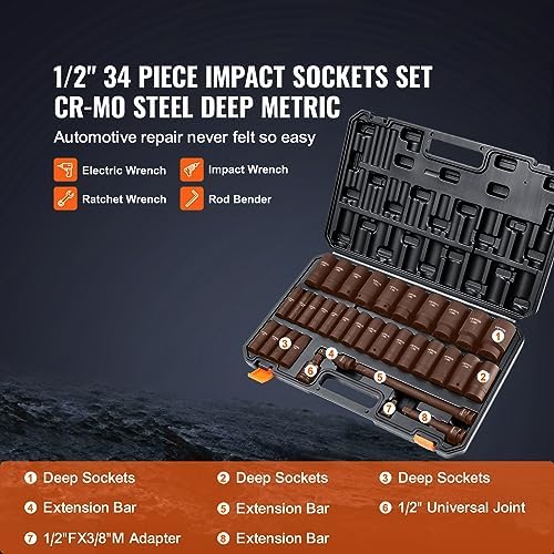 VEVOR 1/2" Drive Impact Socket Set, 34 Piece, Metric 8 to 36mm - Image 3