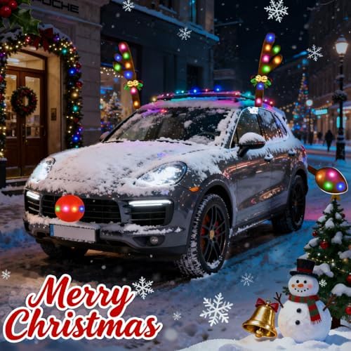 Christmas Car Decorations Reindeer Car Kit Antlers with Lights, Jingle Bells Rudolph Reindeer and Nose, Tail Cute Costume Auto Accessories for Trunk Vehicles SUV Antenna Toppers Multicolor - Image 2