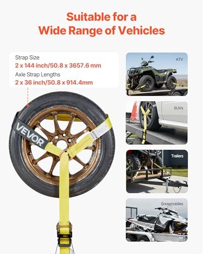 VEVOR Wheel Chock Tie-Down Kit, Tire-Style Trailer Tie Down Strap, Car Tie Down Kit with Spring Hook, Break Strength 10009 lbs & Working Load 3333 lbs Motorcycle System for ATV, SUV, Trailer