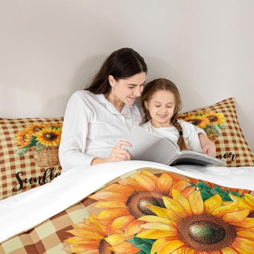 Sunflower Geometric Plaid Comforter Set Full Size,Rustic Farmhouse Bedding Set 3pcs for Kids Girls Adults Home Room Decor,Autumn Floral Quilt Set Nature Yellow Duvet Insert,2 Pillowcases - Image 2