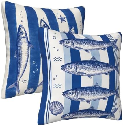 Blue Stacked Fish Throw Pillow Covers 18x18 inch Set of 2 - Image 2