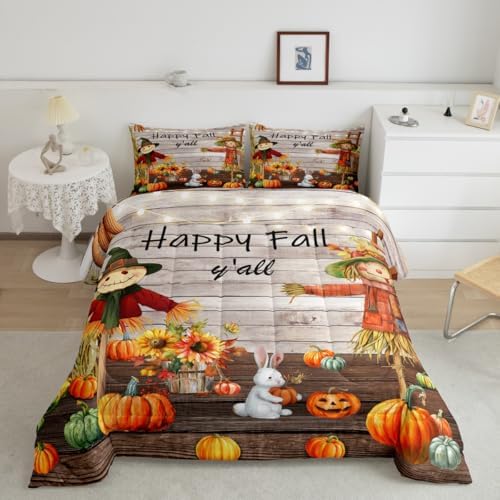 Homewish Happy Fall Y'all Comforter Set Twin Size Pumpkin Sunflower and Rabbit Bedding Set Rustic Farmhouse Wooden Door Quilt Set for Kids Boys Girls Room Decor Nature Animal Plants Duvet Insert 2Pcs by Homewish