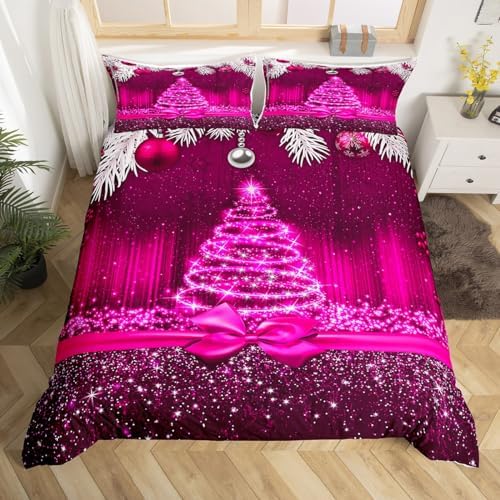 Merry Christmas Kids Duvet Cover Set Twin Size,Snowflake Christmas Tree Bowknot Bedding Set,Girls Boys Adults Room Decor,Purple Gradient Glitter Comforter Cover,Romantic Quilt Cover,1 Pillowcase by Manfei