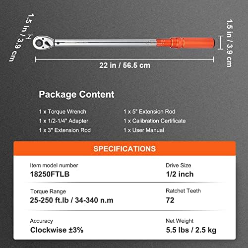 VEVOR 1/2-inch Drive Click Torque Wrench 25-250ft.lb/34-340n.m, Dual-Direction Adjustable Torque Wrench Set with Mechanical Dual Range Scales and Adapters Extension Rod - Image 7