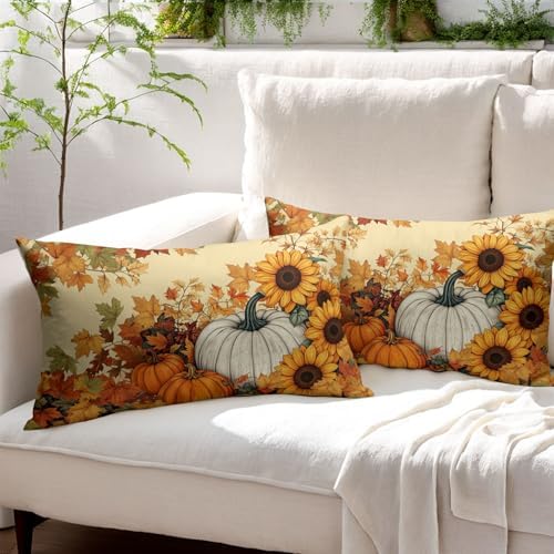 Fall Sunflower Pillow Covers 12x20 Set of 2 Pumpkin Thanksgiving Harvest - Image 3