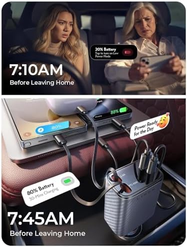 LISEN Retractable Car Charger, 84W Car Charger USB C Fast Charger Adapter, Car Accessories for Men Women, Gifts for Fathers Day for Men Dad Husband, for iPhone 17 16 15 14 13 12 Pro Max, Carbon-Grey