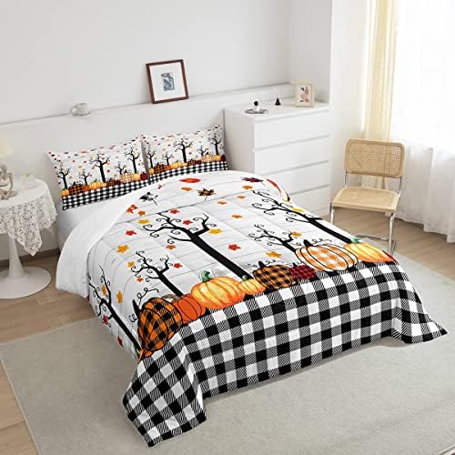 Fall Pumpkin Harvest Comforter Set Twin Size Black White Plaid Bedding Set For Kids Boys Halloween Maple Leaves Autumn Down Comforter Geometric Buffalo Grid Duvet Set Retro Room Decor, Orange - Image 4