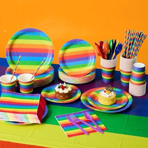 Funnymoom 452 Pcs 50 Guests Pride Party Supplies Decoration, Rainbow Pride Paper Plates Napkins Cups Tablecloth Cutlery Straws Gay Lgbt Disposable Tableware Sets for Rainbow Birthday Table Decoration - Image 6