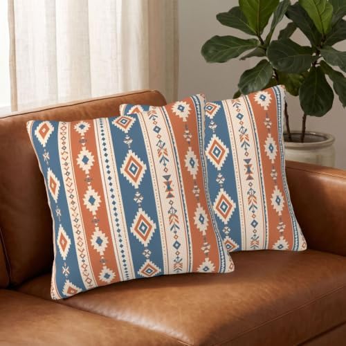 KiuLoam Dusty Blue Orange Boho Throw Pillow Covers 24x24 Set of 2, Rustic - Image 3