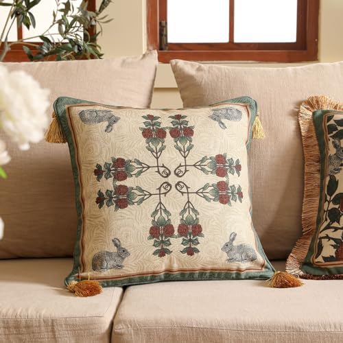 patdrea Designer Throw Pillow Covers Set of 2,French Elegant Green Linen with Rose and Animal Floral Pattern Pillow Covers,Decorative Square Pillowcases Cushion for Bed Living Room Outdoor,18"x18" - Image 2