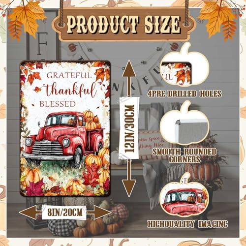 Fall Sign Thanksgiving Retro Tin Sign Grateful Thankful Blessed 8x12Inch - Image 2