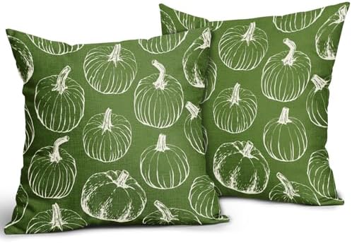Green Fall Pumpkin Pillow Covers 24x24 Set of 2 Autumn Themed Thanksgiving Cream Print Decorative Throw Pillows Outdoor Pillowcase Farmhouse Linen Cushion Case Decor for Home Sofa Couch Bed - Image 2