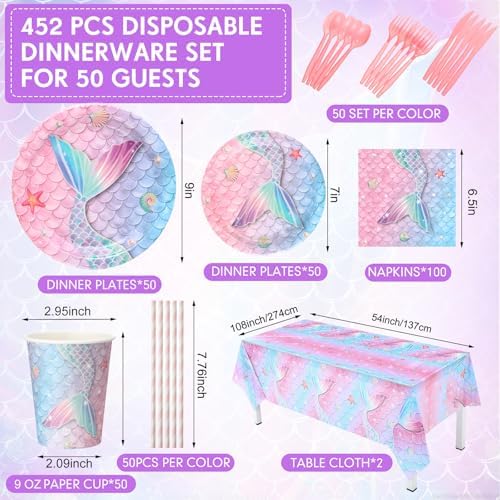 Funnymoom 452 Pcs Mermaid Party Decorations Include Sea Mermaid Paper Plates Napkins Cups Tablecloth Cutlery Straws Ocean Tableware for Baby Shower Birthday Party Supplies - Image 3
