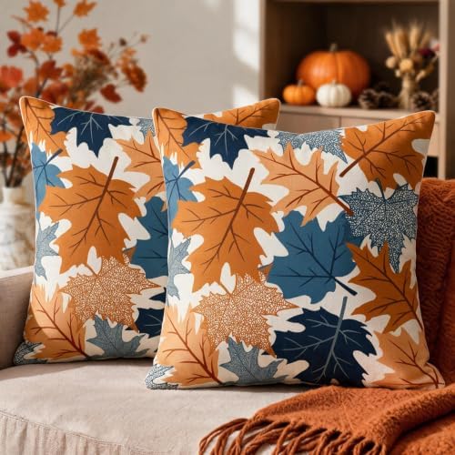 Fall Pillow Covers 20x20 Set of 2 Burnt Orange Blue Maple Leaf by Unknown
